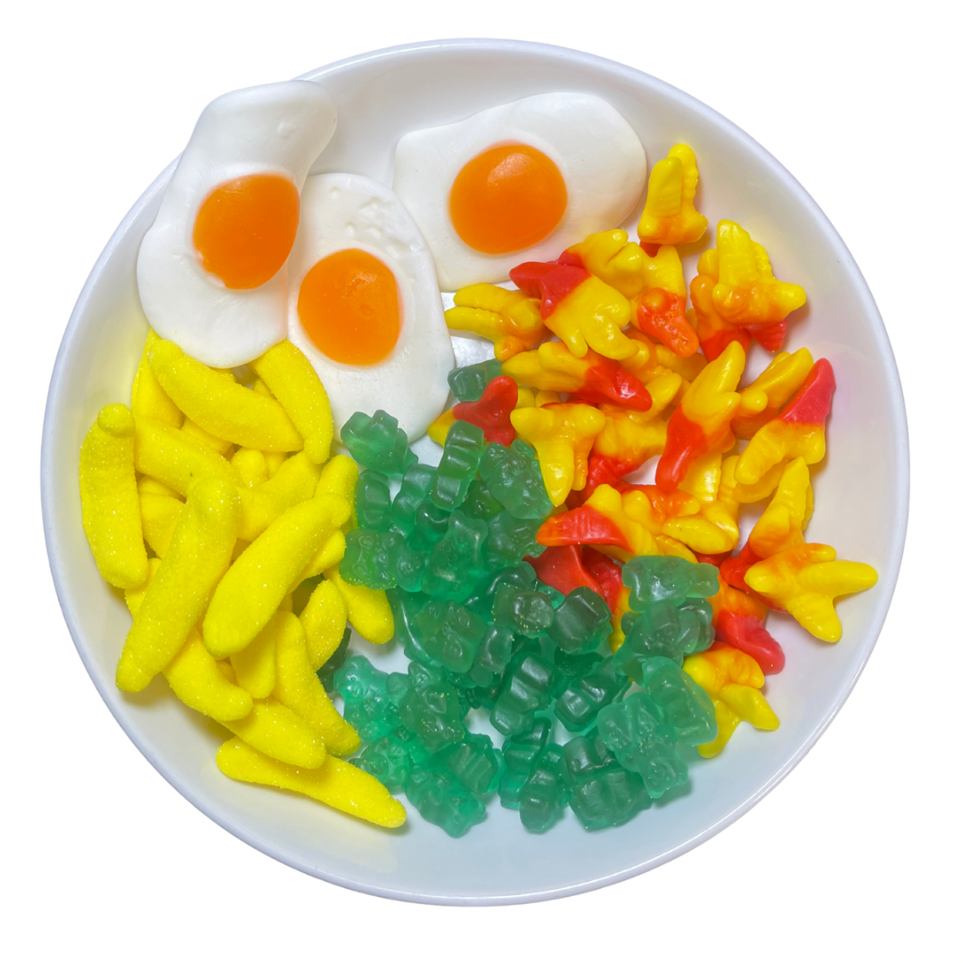 Gummies chicken feet fried egg watermelon banana