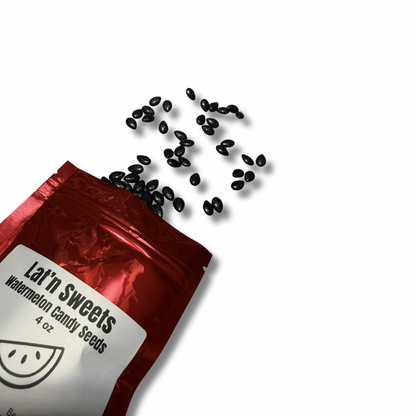 Red bag of 'Lal'n Sweets' watermelon candy seeds with scattered seeds on a white background