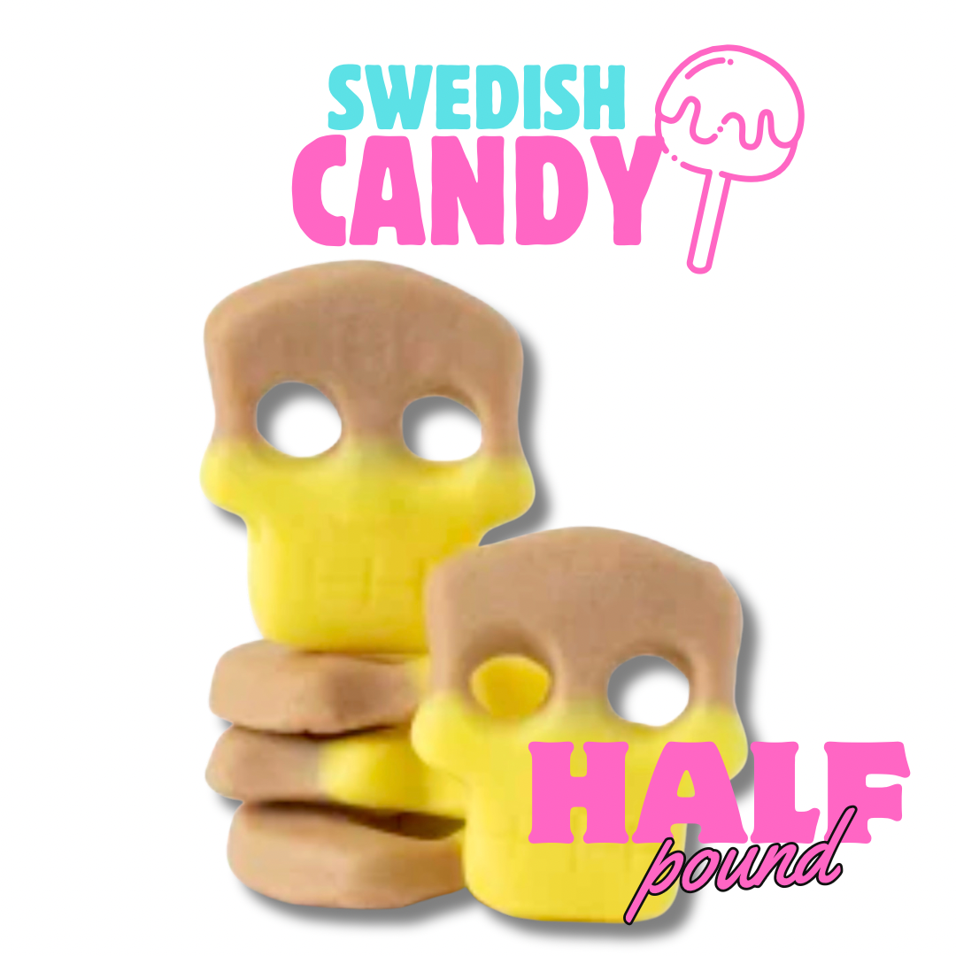 Two yellow and brown skull-shaped candies with 'Swedish Candy' branding on a white background. Free shipping, bad bunny, Wendy Ortiz 