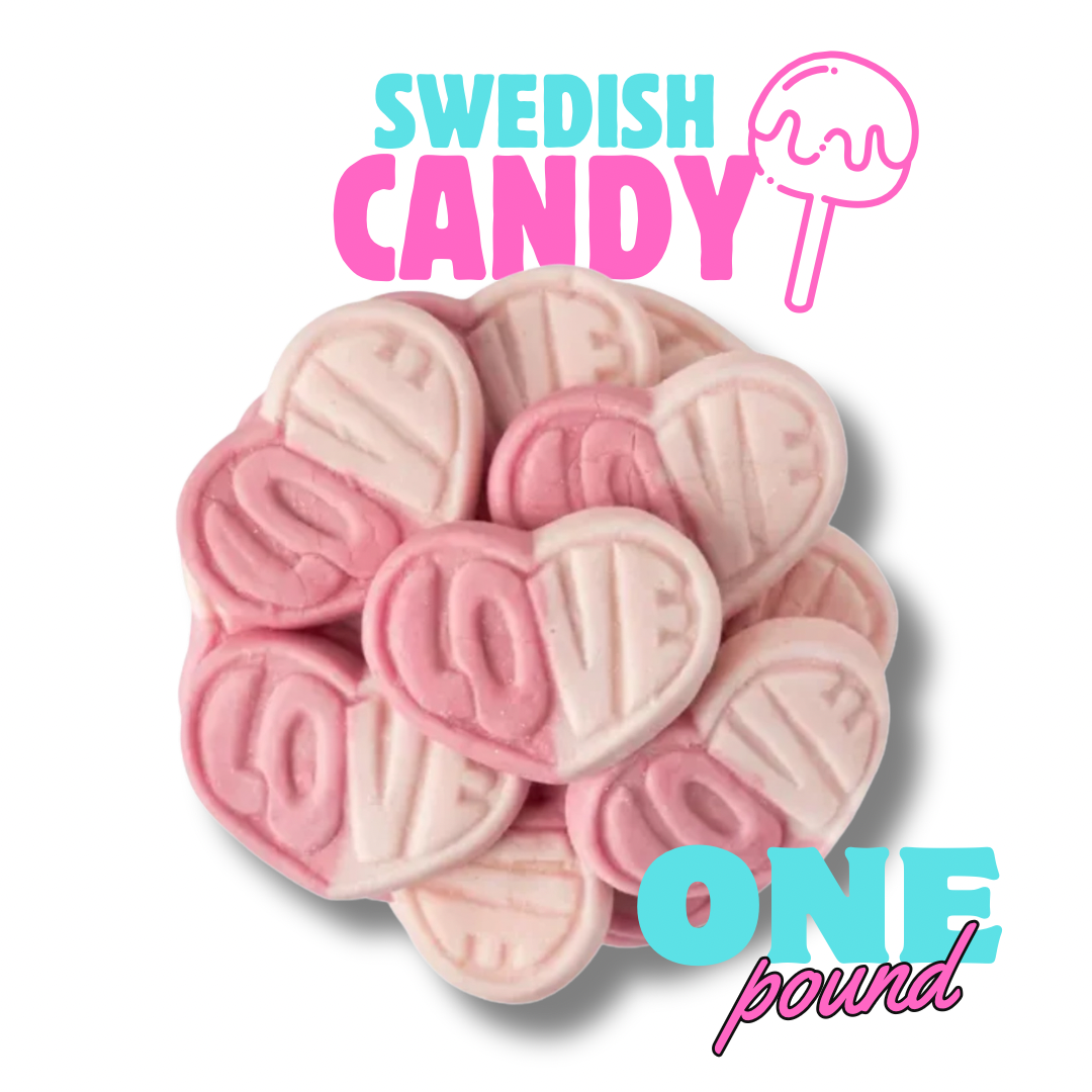 Pink and white Swedish candy with 'One pound' text on a white background