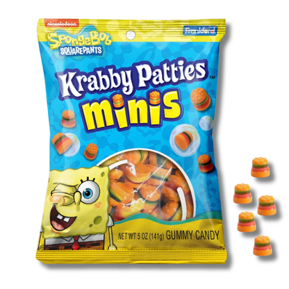 Packaging of Krabby Patties minis gummy candy with SpongeBob SquarePants branding. Fast shipping local candy. 